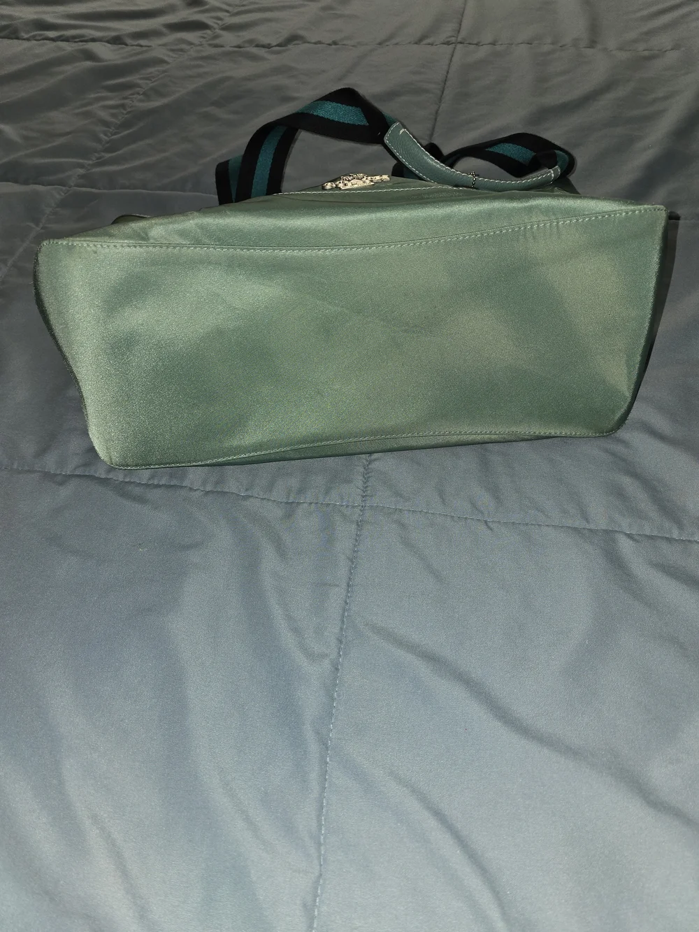 Coach Mint Green Tote with Black and Teal Striped Handles